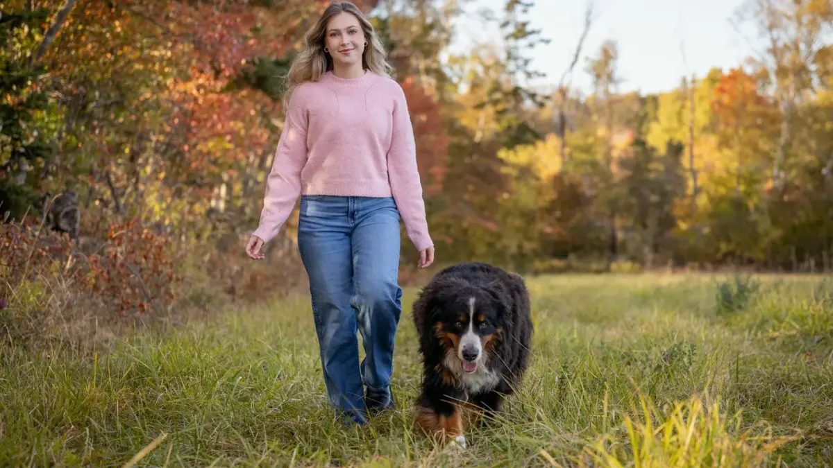 Senior dog walking with an owner